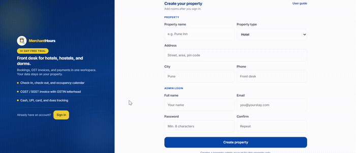 Front Desk product walkthrough: property setup, dashboard, bookings and dues